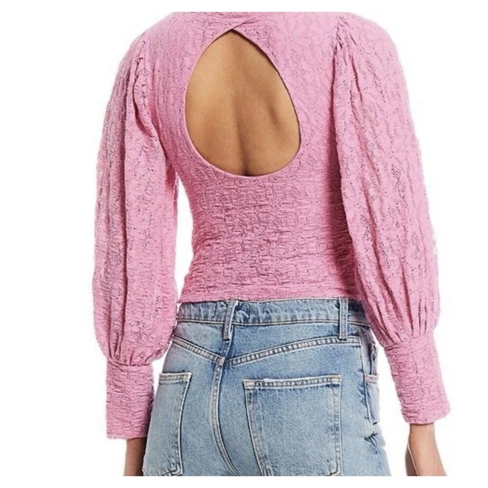 Free People Tea Time Long Puff Sleeve‎ Top Women's Size Large Plumeria Pink